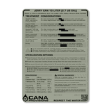 Water treatment label for a 10-liter Jerry Can by cana provisions on a white background