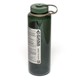 Green water bottle with a label on a white background