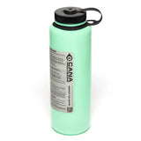 Light green water bottle with black lid and label on a white background