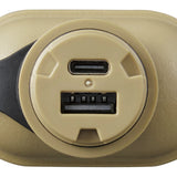 close up of charging port on a tan outdoor battery on a white background