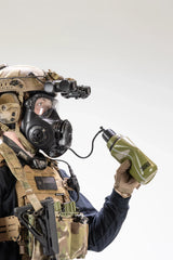 Person in full tactical gear holding a modcan water bottle on a white background