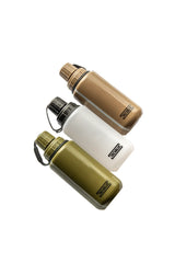 Three modcan water bottles in tan, white, and green on a white background