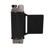 black tactical iceflask water bottle holder with tan iceflask bottle inside on a white background