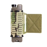 camo tactical iceflask water bottle holder with tan iceflask bottle inside on a white background