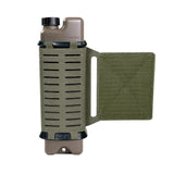 green tactical iceflask water bottle holder with tan iceflask bottle inside on a white background
