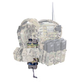 Camouflage tactical vest with various pouches and equipment on a white background