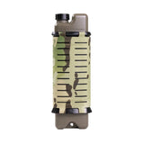 camo tactical iceflask water bottle holder with tan iceflask bottle inside on a white background