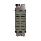 green tactical iceflask water bottle holder with tan iceflask bottle inside on a white background