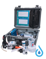 aqua research stream device inside of a grey tough case with various components with no background