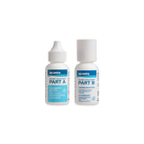 Two small white plastic bottles of aquamira Water Treatment Part A and Part B side by side on a white background.