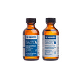 Two amber glass bottles of aquamira Water Treatment Part A and Part B with black caps and blue-and-white labels, shown on a plain white background.