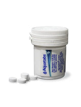 Aquatabs water purification tablets in a white container on a white background