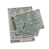 Three AquaTabs dosing cards from Cana Provisions layered on top of each other, showing dosage instructions and water volumes for 49 mg and 397 mg NaCl.