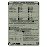 Aquatabs water treatment tablet label with conversion chart and Cana Provisions branding.