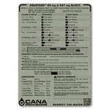 Aquatabs water purification tablet instructions with text and branding on a white background