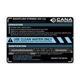 Cana Provisions backflush syringe data card with instructions and branding.