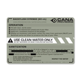 cana provisions backflush syringe label with instructions and warnings on a white background