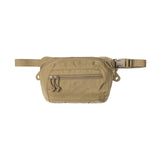 Tan waist bag with multiple pockets and zippers on a white background