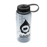 transparent grey water bottle with black lid and 'Cana Provisions' logo on a white background