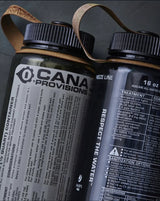 Two water bottles with labels on a dark background