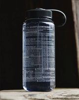 Close-up of a water treatment container label with text on a black background