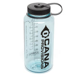 very light blue nalgene water bottle with black lid and cana provisions logo on a white background