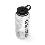 Clear water bottle with black lid and cana provisions branding on a white background