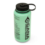 Green water bottle with black cap and cana provisions branding on a white background