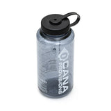 Gray water bottle with black cap on a white background