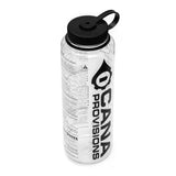Clear water bottle with black lid and 'cana provisions' branding on a white background