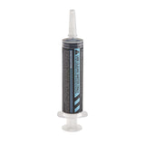 A single syringe with a dark gray label, white plunger, and blue warning text, shown on a plain white background.