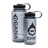 Two gray water bottles with black lids and 'Cana Provisions' branding on a white background.
