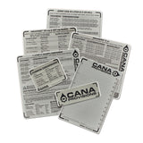 Seven Cana Provisions water treatment cards fanned out on a white background, showing different dosage tables and instructions.