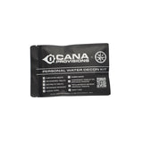 A black resealable pouch for the Cana Provisions Personal Water Decon Kit, featuring white text and logos on a plain white background.