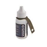 A small white plastic brine bottle with a white cap and a dark olive green strap around its neck, featuring a black label with blue and white text. The brand name 'CANA PROVISIONS' is clearly visible on the label.
