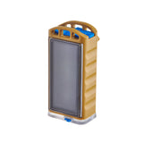 A portable h2gO chlorine generator with a yellow plastic body, a dark gray solar panel on the front, and blue accents on the top handle and bottom switch.