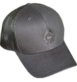 black baseball cap with a logo on a white background