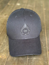 black Baseball cap with black logo on a wooden surface