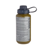 A 32 oz nalgene water bottle with an olive-green body, a black humangear cap, and a cana provisions water data decal, shown against a plain white background.