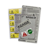 A set of three Cana Provisions water treatment cards, and a sheet of yellow record keeping cards, and two status stickers (one dirty, one clean) on a white background.