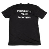 black mens t-shirt with a white cana provisions respect the water logo and text on a white background