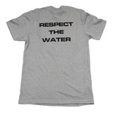 Gray mens t-shirt with a black cana provisions respect the water slogan on a white background