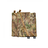 A camouflage mesh pouch with compartments, brown zipper pulls, and two small black tags at the bottom, shown on a plain white background.