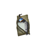 An olive green mesh zippered pouch with a black zipper and black brand label, shown on a plain white background. 