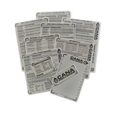 Ten Cana Provisions water treatment cards fanned out on a white background, showing different dosage tables and instructions.