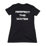 black womens t-shirt with a white cana provisions respect the water logo and text on a white background
