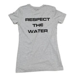 Gray womens t-shirt with a black cana provisions respect the water slogan on a white background