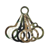 Set of camouflage-patterned water bottle cap tethers on a white background