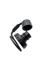 Black plastic water bottle cap on a white background