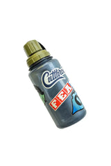 Gray bottle with green cap and visible branding on a white background
